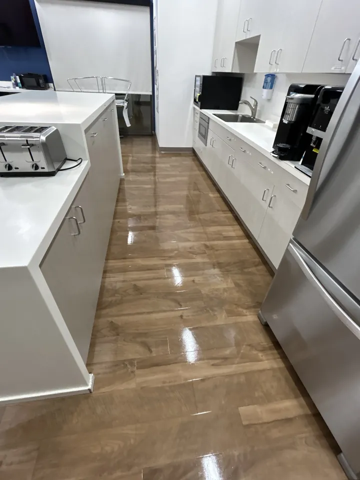 Clean break room kitchen counters and floor